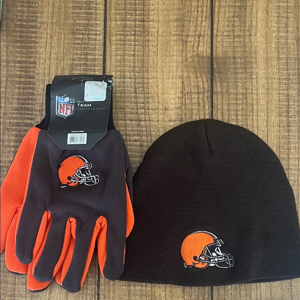 NFL Brown and Orange Beanie and Gloves Set